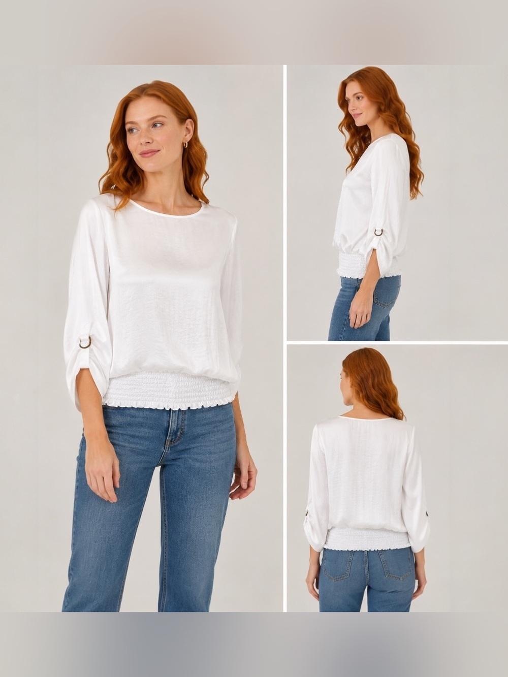 Michael Kors White Satin Peasant Blouse Smocked Waist Roll Tab Sleeve Top S